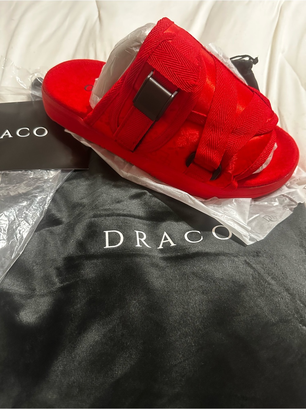 DRACO satin red slides (brand new) side 7/8
